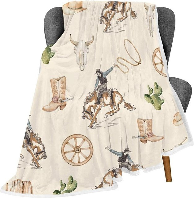 JMG Household Supplies Westliche Cowboy-Kuscheldecke aus Flanell mit Reitpferd und Kaktus-Motiv, Beige, B x H: 100 x 130 cm - Bild 1