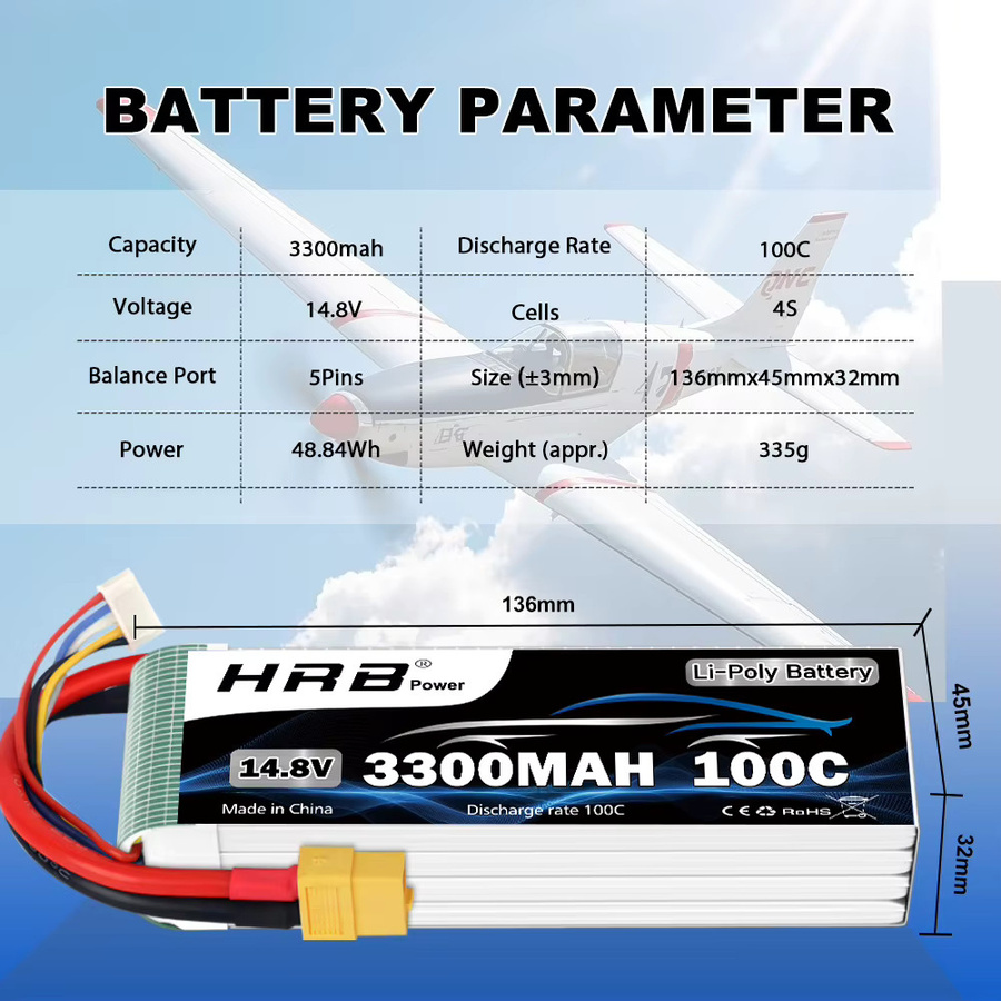 HRB 4S LiPo Akku 14,8 V 3300 mAh 100C mit XT60 Stecker für RC Auto, Lkw, Flugzeug und Drohnen - Bild 2
