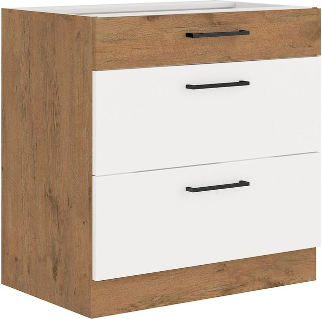 Vigo Küchenunterschrank Lancelot Eiche und Weiß Hochglanz mit Vollauszug und Soft-Close, Breite: 80 cm - Bild 1