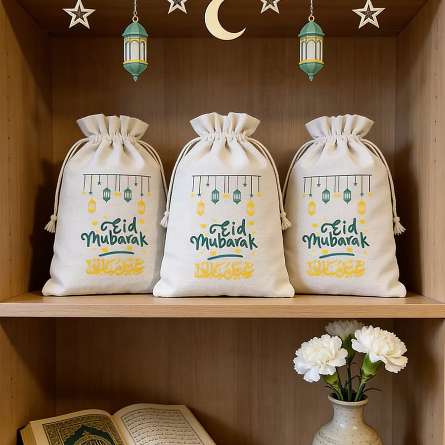 5er Set Eid Mubarak Geschenktaschen aus Baumwolle in Weiß für Ramadan und Iftar - Bild 2