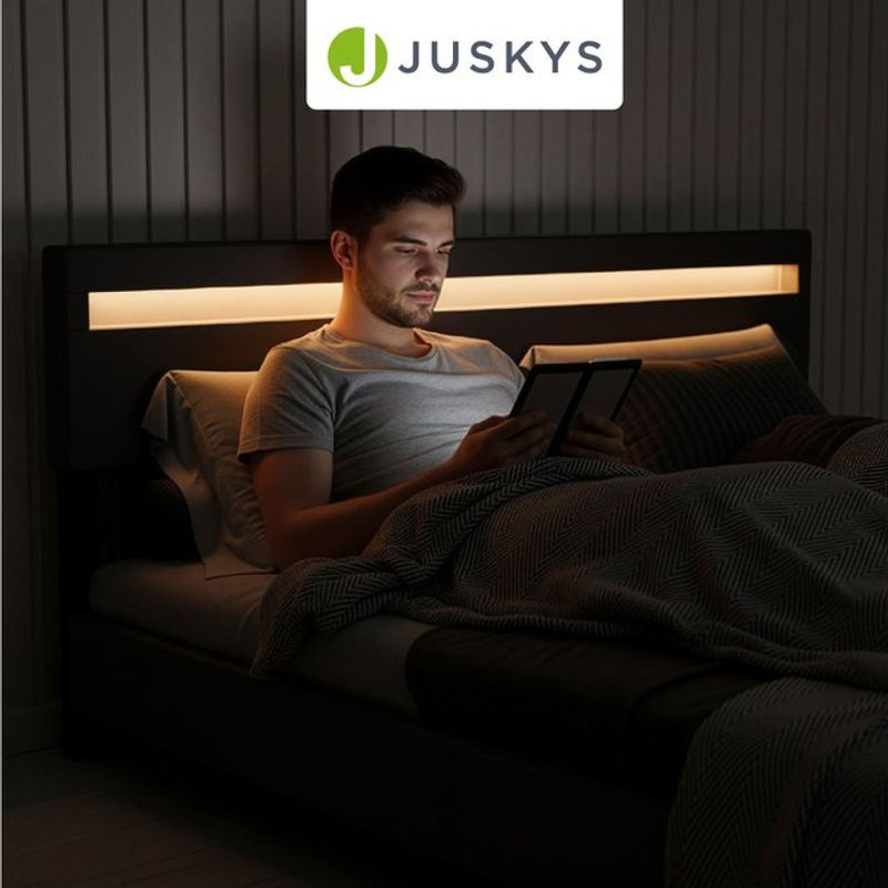 Juskys Polsterbett Paris Doppelbett mit LED Beleuchtung und Lattenrost, schwarz, B: 180 cm, T: 200 cm - Bild 2