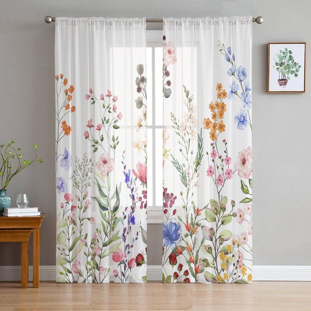 Super Six Tüllvorhang mit blauem Blumenmuster in Weiß, transparentes Organza-Voile für Wohnzimmer, Schlafzimmer oder Küche, Breite: 135 cm, Höhe: 244 cm - Bild 1
