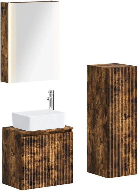 vidaXL Badezimmermöbel-Set 4-teilig aus Eiche in Braun mit LED-Beleuchtung und Spiegelschrank - Bild 1
