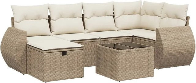 vidaXL 7-teilige Garten-Sofagarnitur in L-Form aus Poly-Rattan mit Kissen in Beige-Creme - Bild 1