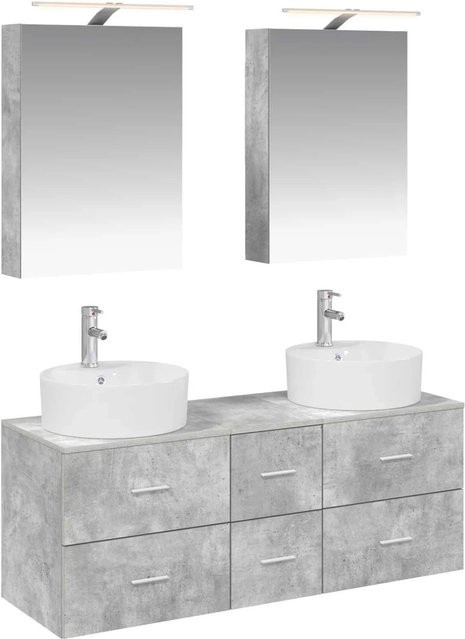 vidaXL Badezimmermöbel-Set 5-teilig in Betongrau mit Waschtischunterschrank, Spiegelschrank und Wandschränken aus Holz und Glas mit LED-Beleuchtung - Bild 1