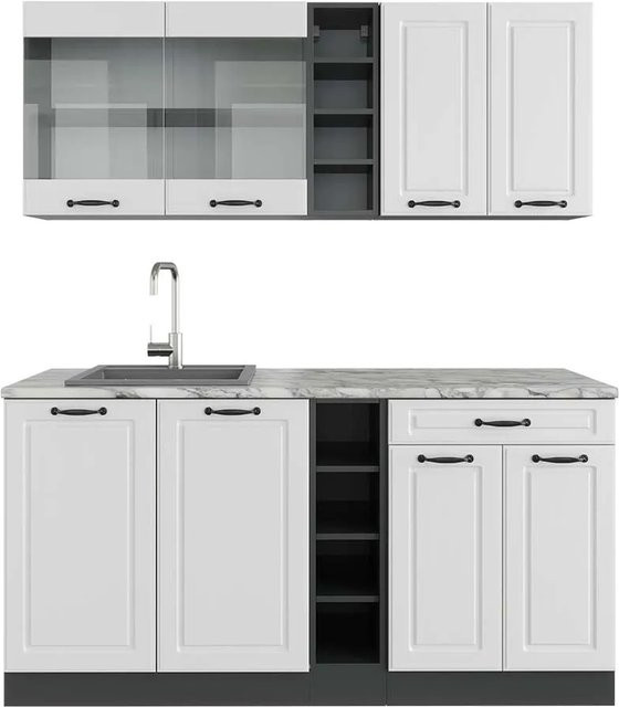 Vicco R-Line Singleküche Landhaus Weiß und Anthrazit mit Marmor-Arbeitsplatte B: 160 cm, T: 60 cm, H: 81,6 cm - Bild 1