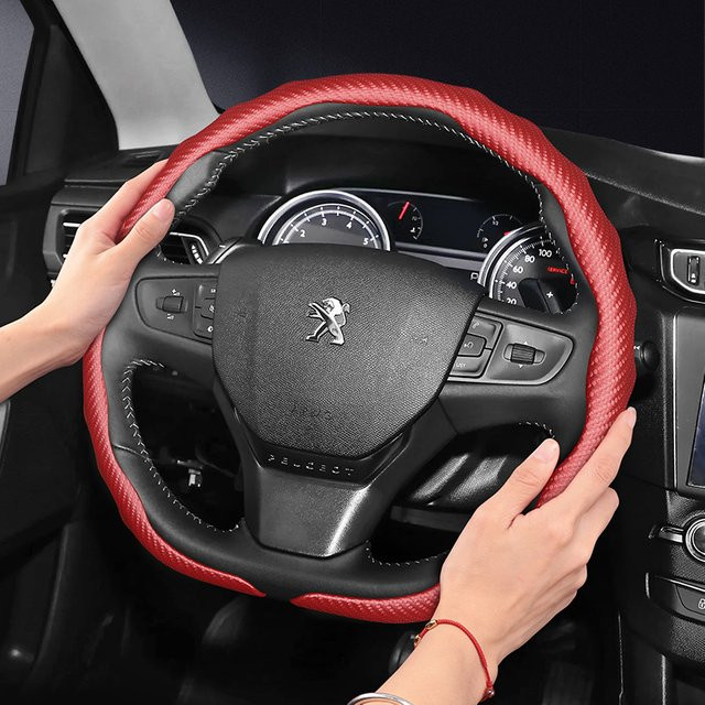 Lenkradbezug in Carbon-Optik für Peugeot mit Snap-On Wave-Shaped Sports Design in Rot, Schwarz und Weiß - Bild 1