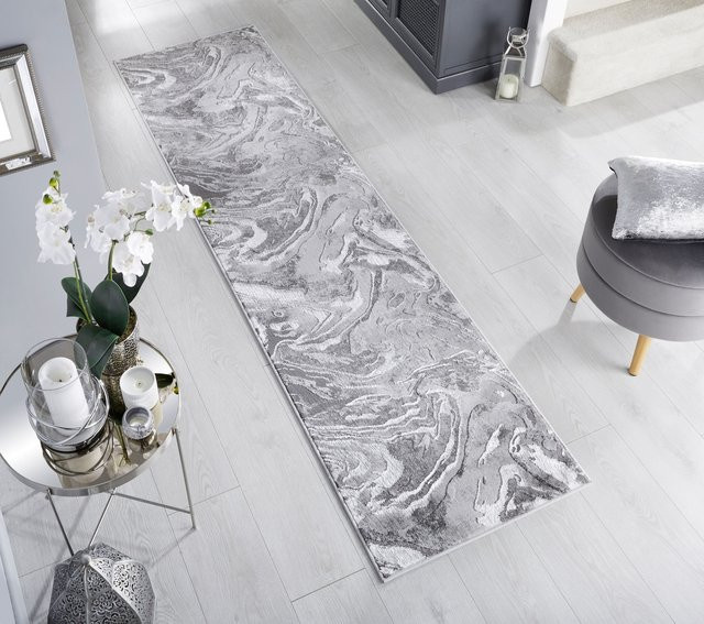 Abstrakt Marmorierter Läufer OUSE Kadima Design in Silber, Breite: 80 cm, Länge: 300 cm - Bild 1