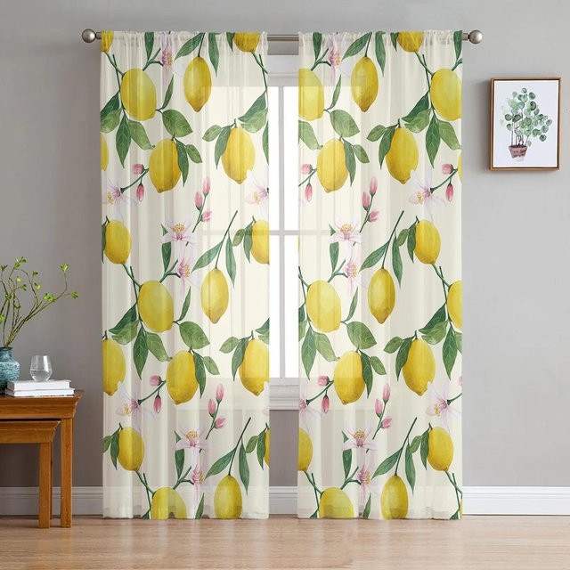 Yiran Furniture Transparente Vorhänge mit Frucht-Aquarell-Design, Zitrone und rosa Blumen, Tüll Organza Voile, B: 135 cm, H: 115 cm - Bild 1