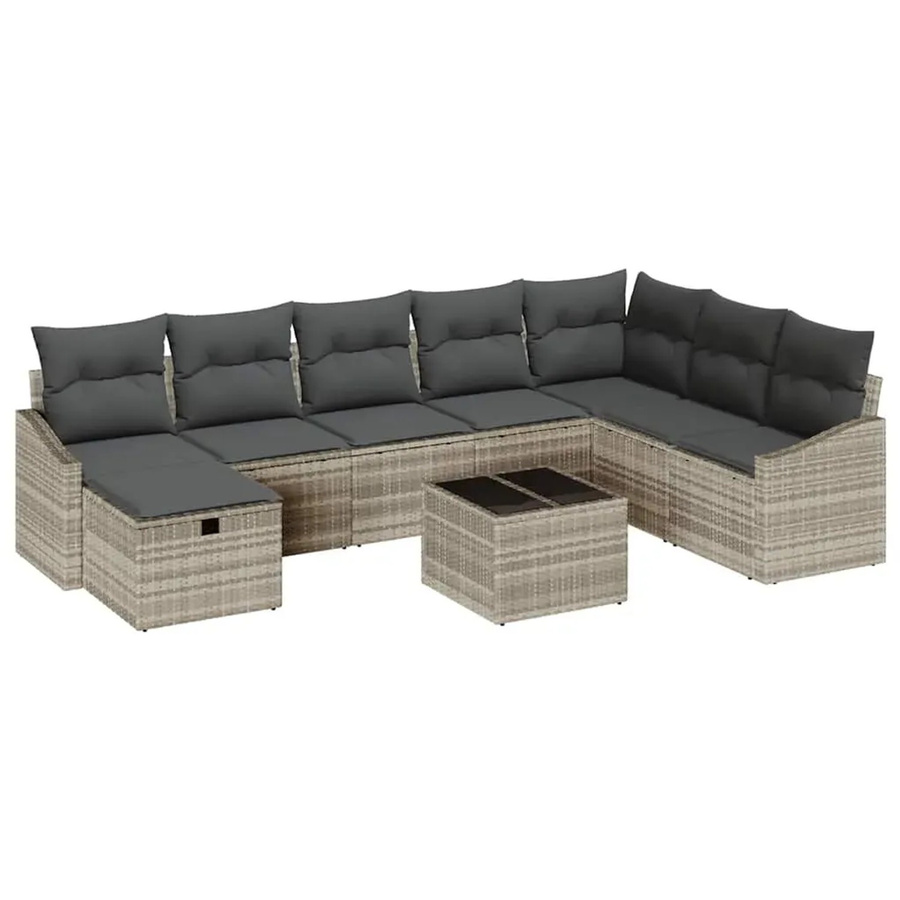 vidaXL Garten-Sofa-Set aus Polyrattan in Hellgrau mit 9 Teilen, inklusive Kissen, Ottomane und Couchtisch - Bild 2