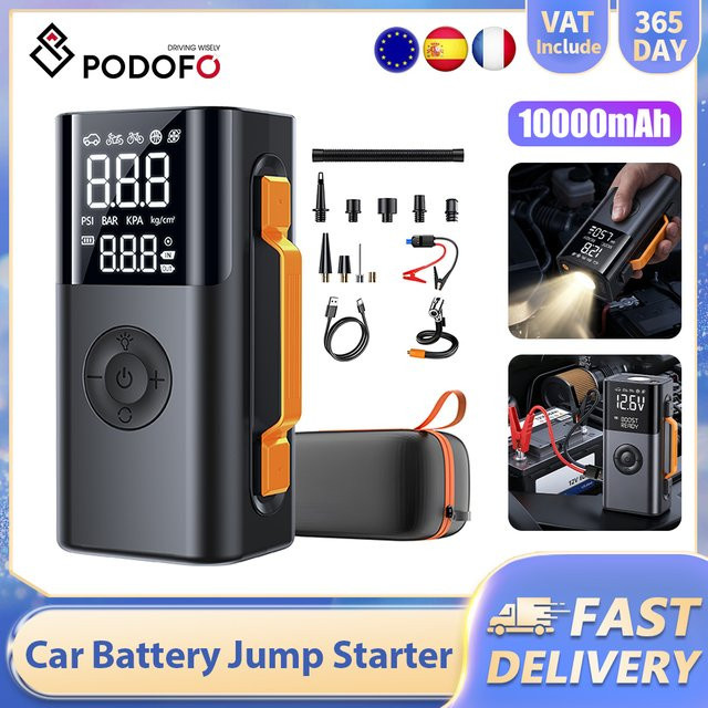Podofo 4-in-1 Auto-Starthilfe 1500A mit 10000mAh Akku, 12V Batterie-Booster, 150PSI Luftpumpe und Beleuchtung in Schwarz - Bild 1