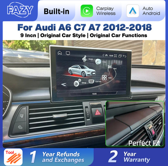 FAZY Android 14 Autoradio mit kabellosem Carplay und Touchscreen für Audi A6 C7 und A7 2012-2018, Multimedia-Player mit GPS und WLAN, Schwarz - Bild 1