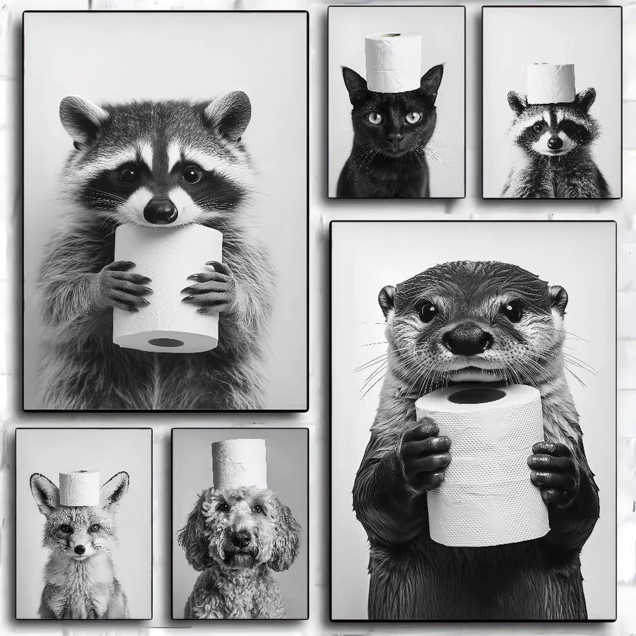 Selbstklebendes Kunstposter von moetch mit Highland Cow, Otter, Katze und Waschbär auf Toilette, modernes Wandbild in Mehrfarbig und Weiß, Rechteckig, Breite: 15,0 cm, Höhe: 15,0 cm - Bild 2