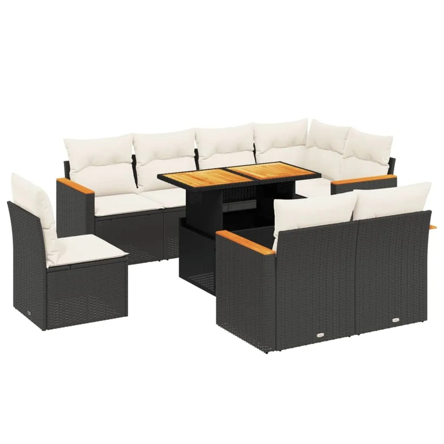 vidaXL 9-tlg. Garten-Sofagarnitur in L-Form aus schwarzem Poly-Rattan mit Kissen und Akazienholz - Bild 2