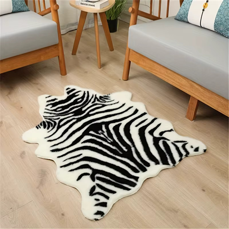Waschbarer Plüschteppich von VIKAMA mit Zebra-Print in Weiß, rutschfest und langlebig für Wohnzimmer und Schlafzimmer - Bild 1