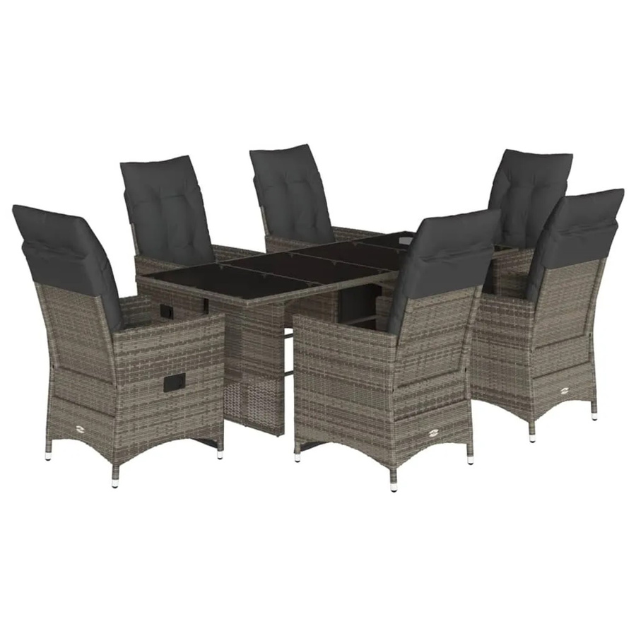 vidaXL 7-teiliges Garten-Bistro-Set aus Poly Rattan mit Kissen in Grau und Tisch mit Hartglas - Bild 2