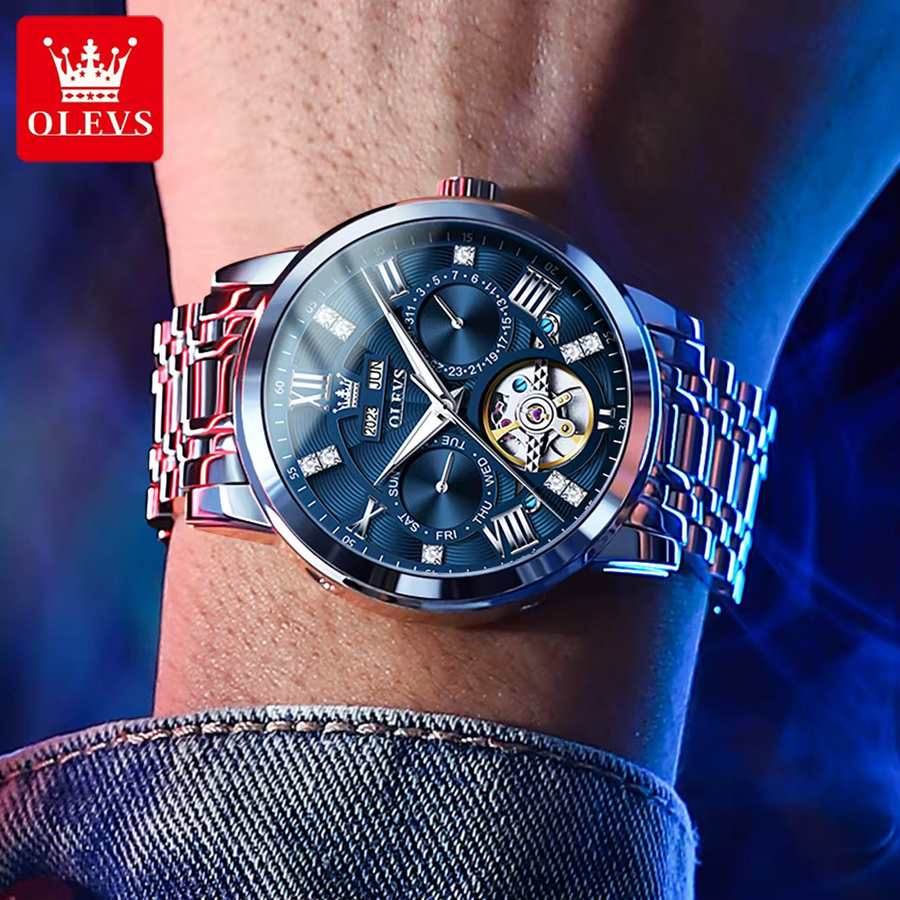 Olevs Armbanduhr Automatik, Skelett, Edelstahl, Herren, Blau, Silber - Bild 5