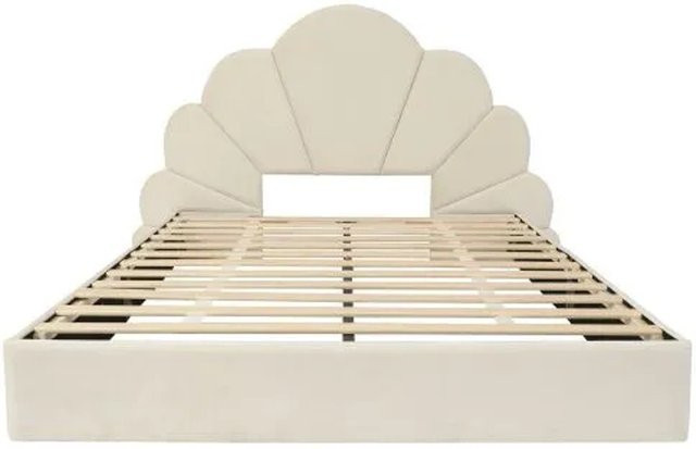 KOMHTOM Polsterbett Doppelbett mit floralem Kopfteil aus Samt in Beige, B/T/H: 140 x 200 x 103 cm - Bild 1