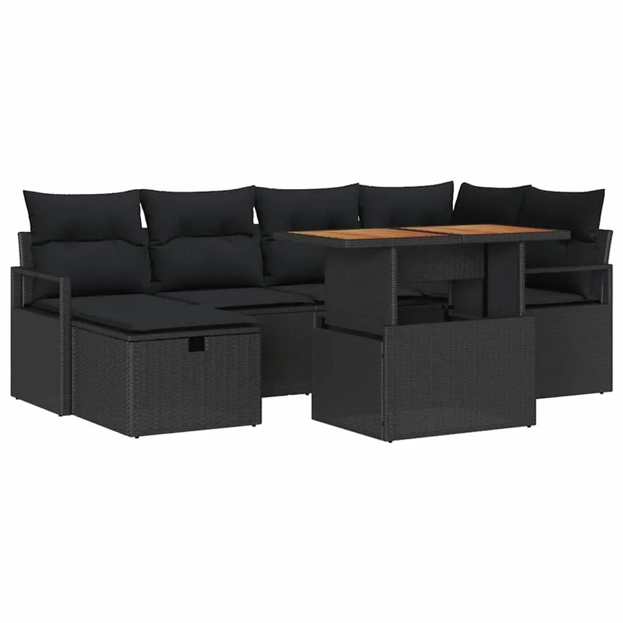vidaXL 7-teiliges Garten-Sofa-Set aus Polyrattan in Schwarz mit Kissen und Couchtisch für Terrasse und Balkon - Bild 2