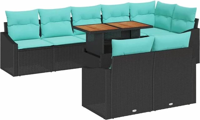 vidaXL Garten Essgruppe 9-teilig aus Poly-Rattan, Stahl und Akazienholz in Schwarz und Türkis mit wetterfesten Kissen - Bild 1