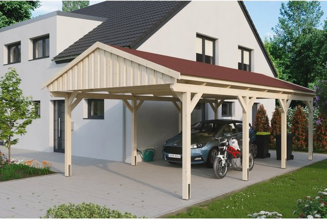 Skan Holz Carport Fichtelberg aus Fichte Leimholz mit spitzer Dachform und Dachschindeln in Beige, B: 423 cm, T: 808 cm, H: 326 cm - Bild 1