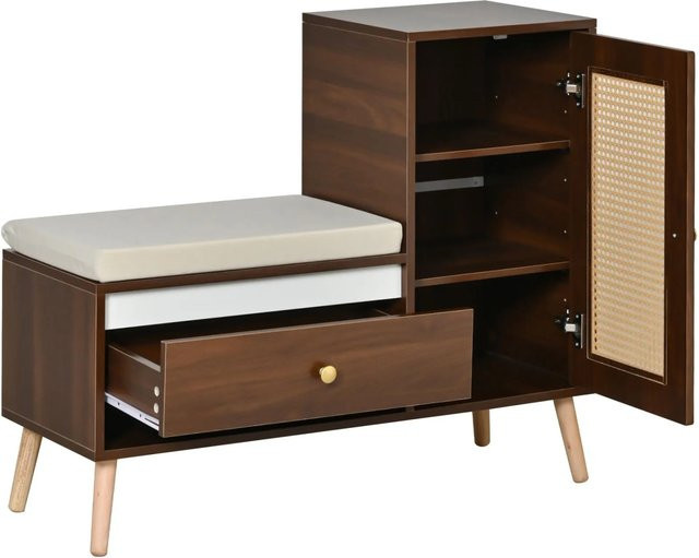 PXloue Schuhschrank Garderobenbank mit Rattan, Sitzpolster und Schubladen, Walnussholzfarbe, B/T/H: 95,5 x 35,0 x 80,5 cm - Bild 1