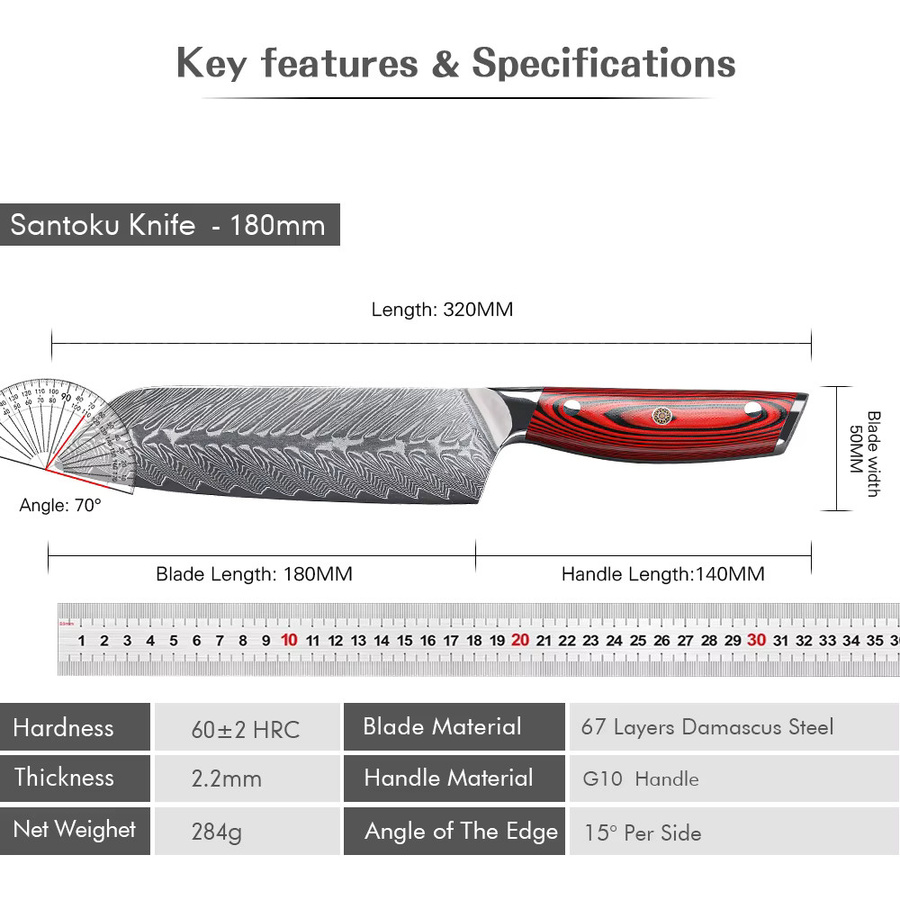 MOSTODOZO Santoku-Messer aus 67-lagigem Damaststahl, 17,78 cm, Silber - Bild 4