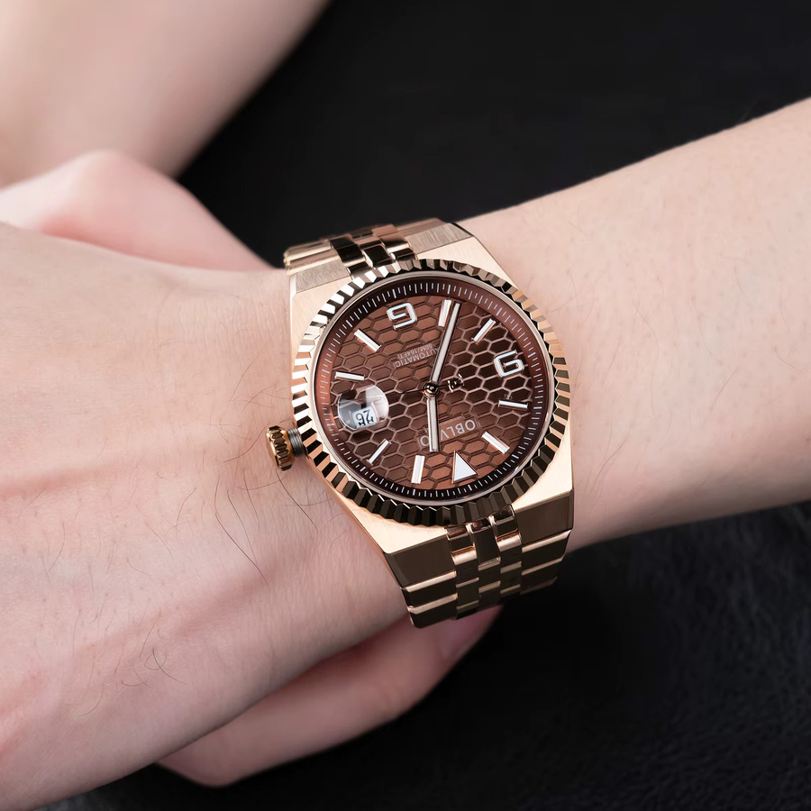 OBLVLO Armbanduhr Herren, Automatik, Roségold, braunes Zifferblatt, Edelstahl, Vintage - Bild 3