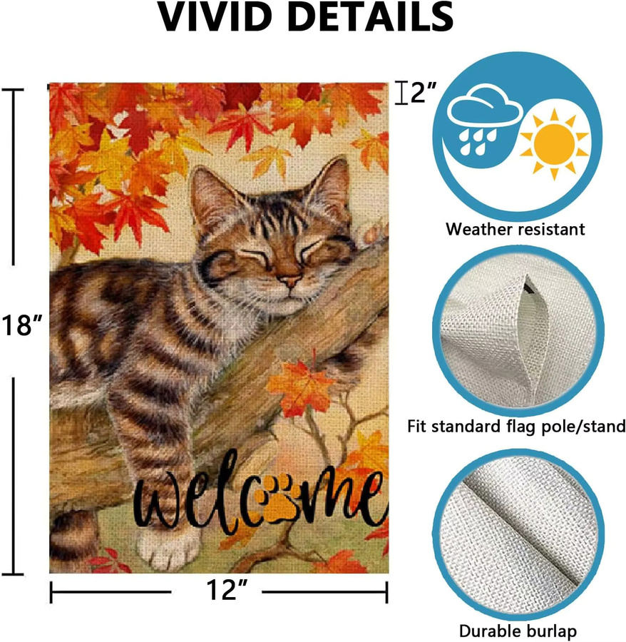VIKAMA Herbstkatzen-Gartenflagge aus Leinen mit herbstlichen Blättern, doppelseitig bedruckt, Mehrfarbig, B/H: 30 x 45 cm - Bild 3
