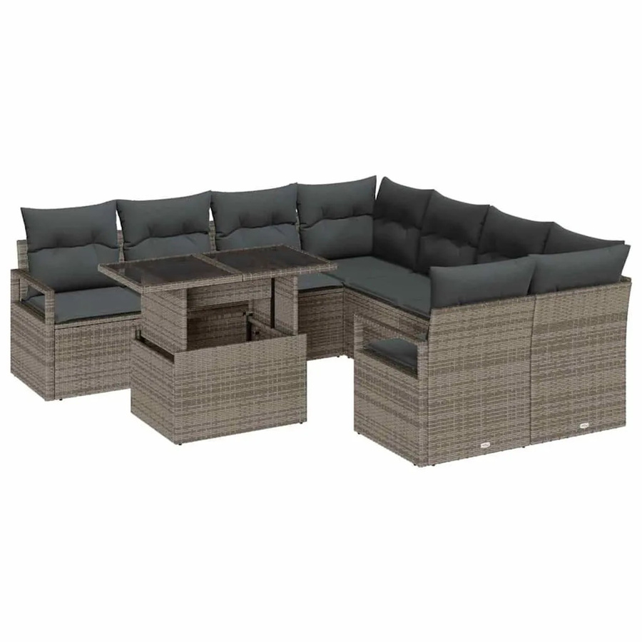 vidaXL Gartensofa-Set aus Poly-Rattan in Grau mit 9 Teilen, L-Form mit integriertem Kissen-Speicher, Tisch und 10 Kissen - Bild 2