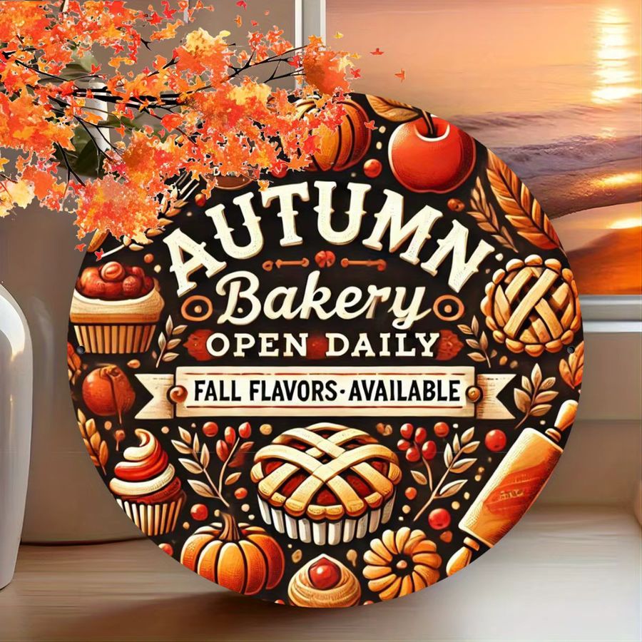 Potdemiel Rundes Metallschild Autumn Harvest Bakery mit Kürbissen, Äpfeln und Zimtstangen, Durchmesser: 20,32 cm - Bild 3