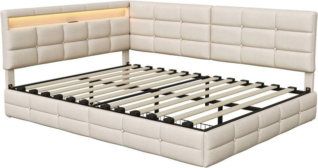 PXloue Polsterbett mit LED, USB und Stauraum in Beige mit Steppoptik, B/T/H: 140 x 200 cm - Bild 1