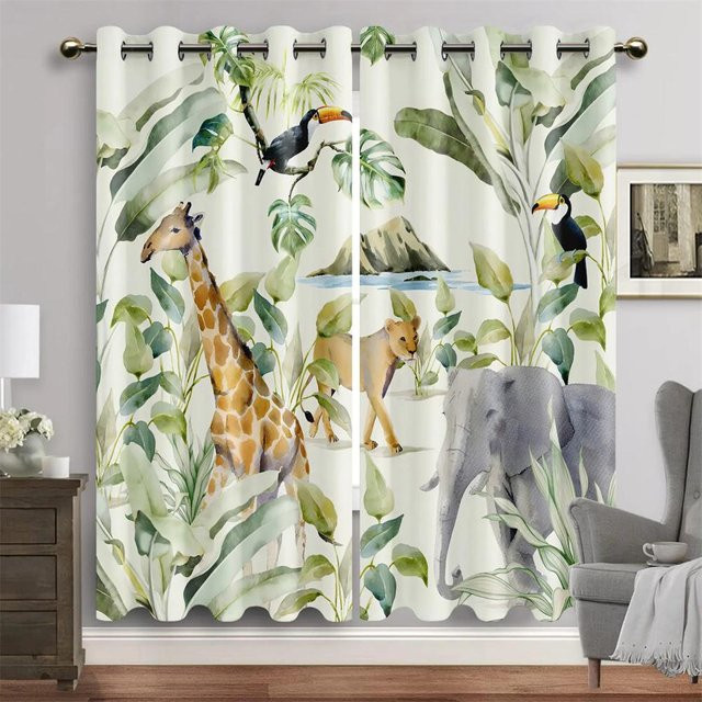 Yiran Furniture Dschungel Tier Vorhang Set mit Löwe und Elefant, 2er Pack, Mehrfarbig, B: 65 cm, H: 135 cm, halbtransparent, Polyester - Bild 1