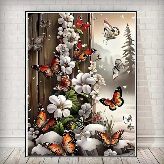 Potdemiel 5D Diamantmalerei-Set Schmetterlingsblumen mit runden Steinen in Multicolour, DIY Mosaik-Stickerei zur Wanddekoration - Bild 1