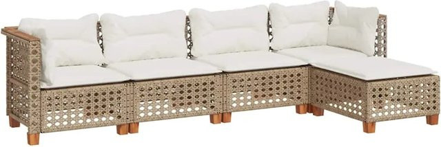 vidaXL 5-teilige Garten-Sofagarnitur aus Polyrattan in Beige mit Kissen und Fußhocker - Bild 1