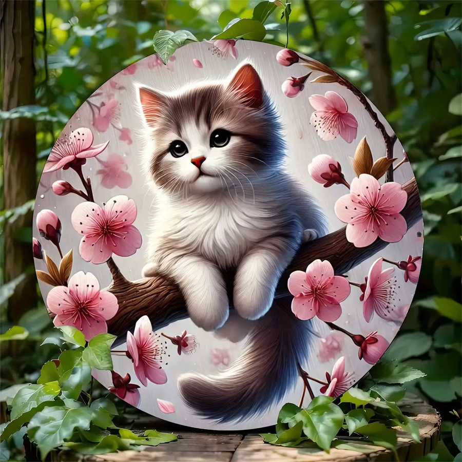 Rundes Metallschild Potdemiel im antiken Design mit weißer Tabby-Katze und rosa Kirschblüten, Durchmesser: 20 cm - Bild 5