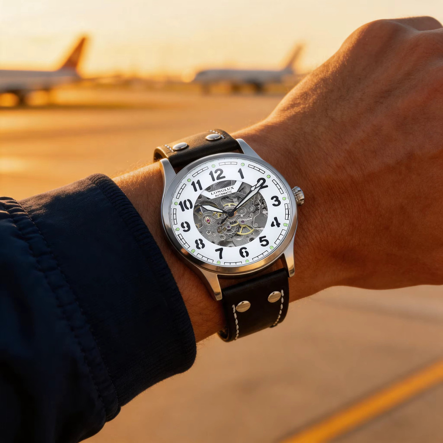 LONGLUX Armbanduhr Automatik, Piloten-Skelett, Edelstahl, Leder, Herren - Bild 2