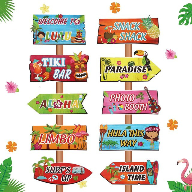10-teiliges PATIMATE Luau-Party-Willkommensschild mit tropischem Blumenmuster, rechteckiges hängendes Sommer-Deko-Set aus Papier, mehrfarbig - Bild 1