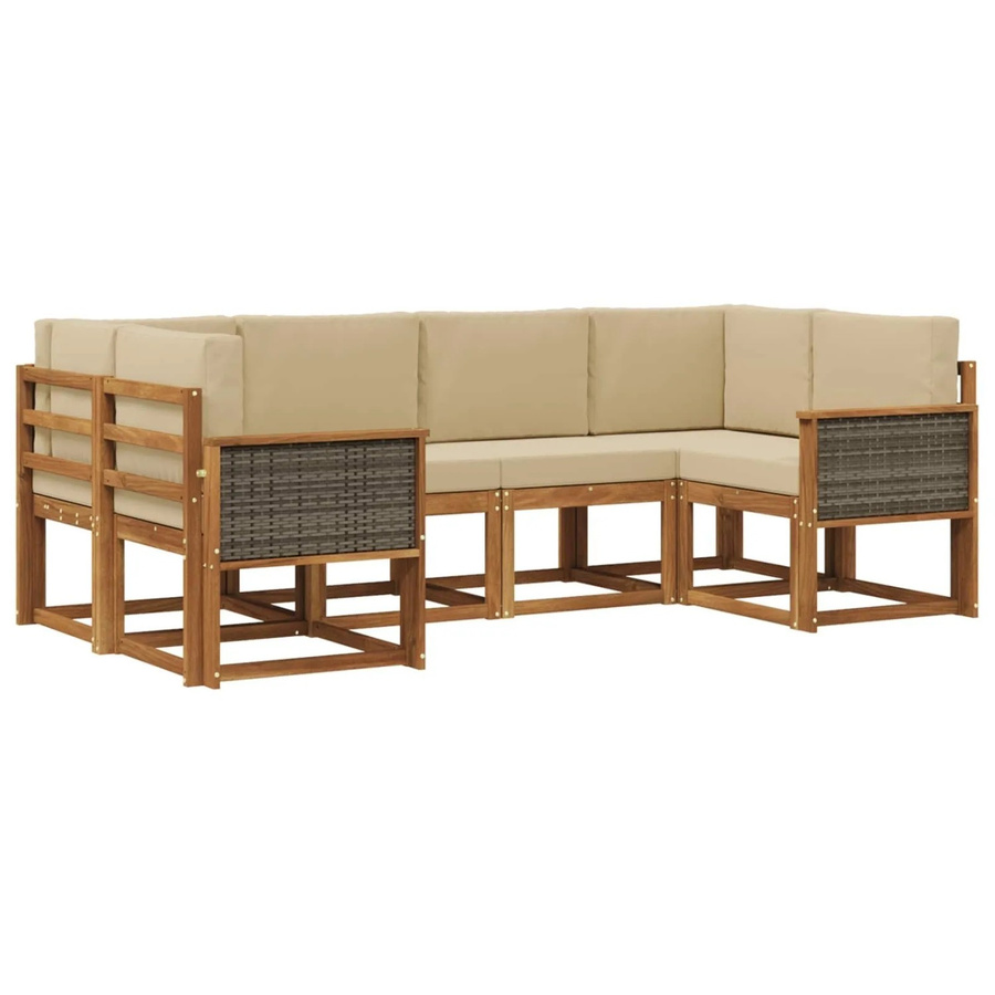 vidaXL Outdoor-Sofagarnitur aus Massivholz Akazie in Natur und Beige, 6-teiliges L-Shape Gartenmöbel-Set mit Polstern - Bild 2