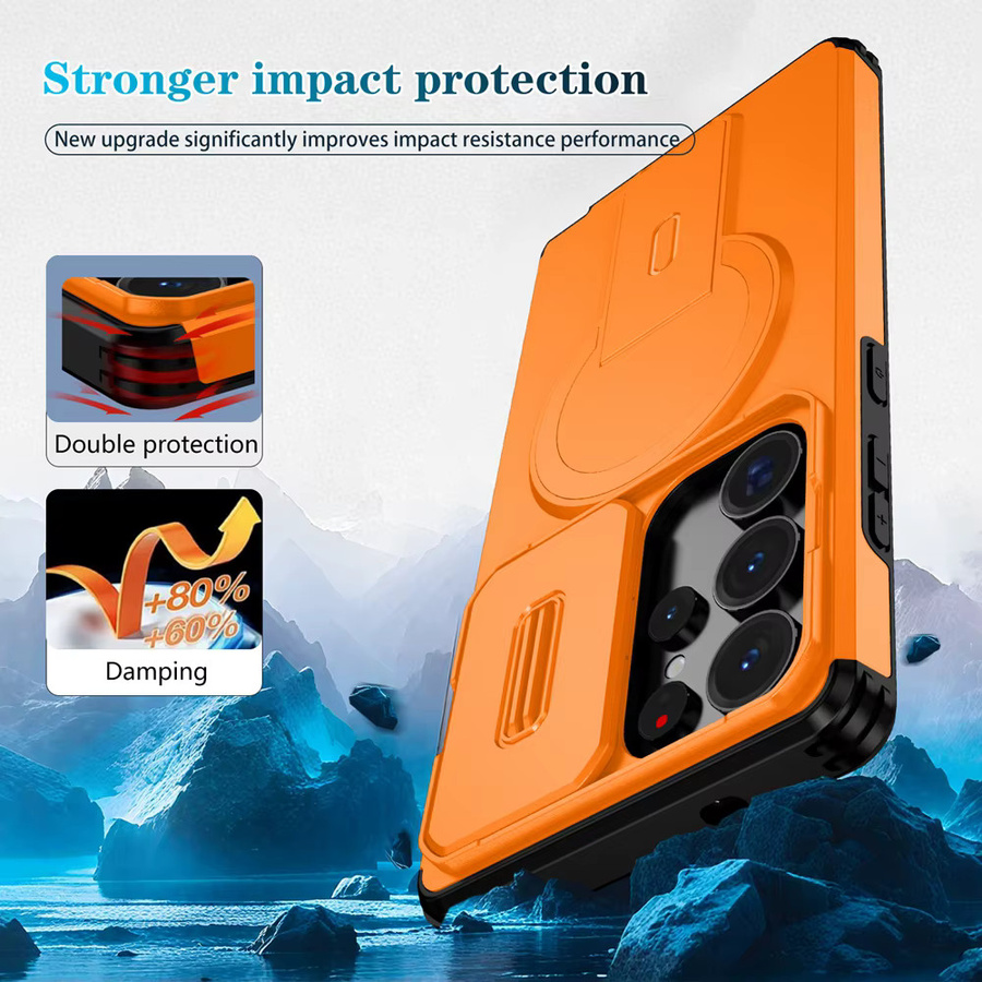 Stoßfeste Rüstung-Schutzhülle mit magnetischer unsichtbarer Faltenhalterung für Samsung Galaxy S26 S25 S24 S23 S22 Ultra Plus, Wireless Charging kompatibel, in Blau oder Orange - Bild 3