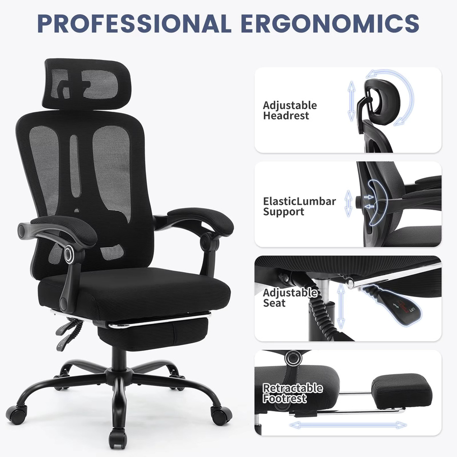 Garvee ergonomischer Gaming-Stuhl mit hoher Rückenlehne und Kopfstütze, atmungsaktives Mesh-Gewebe, verstellbare Lendenstütze und ausziehbare Fußstütze, drehbarer Bürostuhl in Schwarz - Bild 3