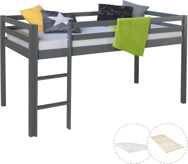 Homestyle4u Kinderbett aus Kiefernholz mit Matratze in Grau, B/H/T: 90 x 200 x 96,5 cm - Bild 1