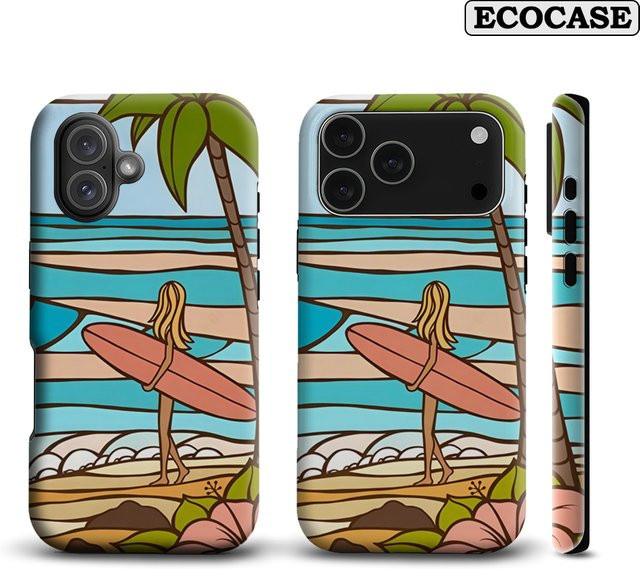 Handyhülle Surfer Girl At Tropical Beach für iPhone 17 16 15 14 13 12 Pro Max Plus mit doppelschichtiger Rückseite in Multicolour - Bild 1