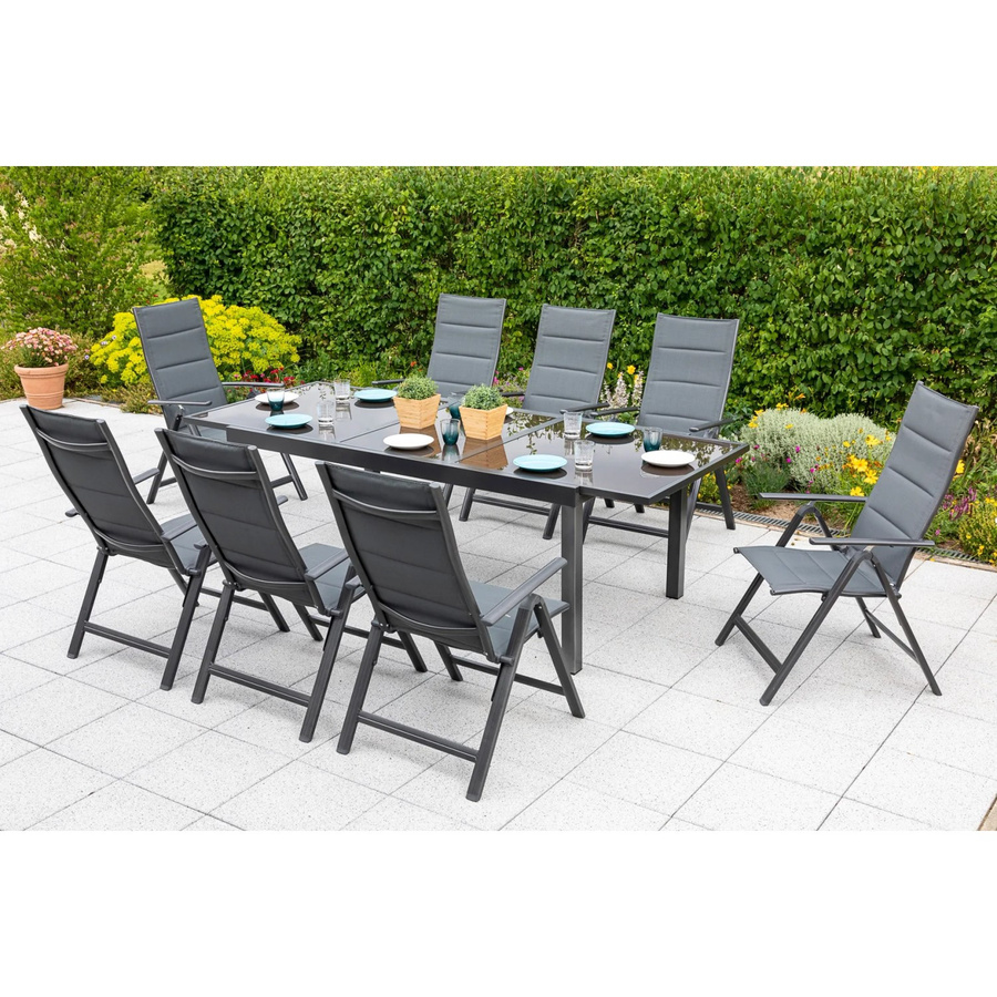 Merxx Gartenmöbelset Taviano 9-teilig in Grau mit ausziehbarem Tisch und 8 Klappsesseln aus Aluminium und Textil - Bild 3