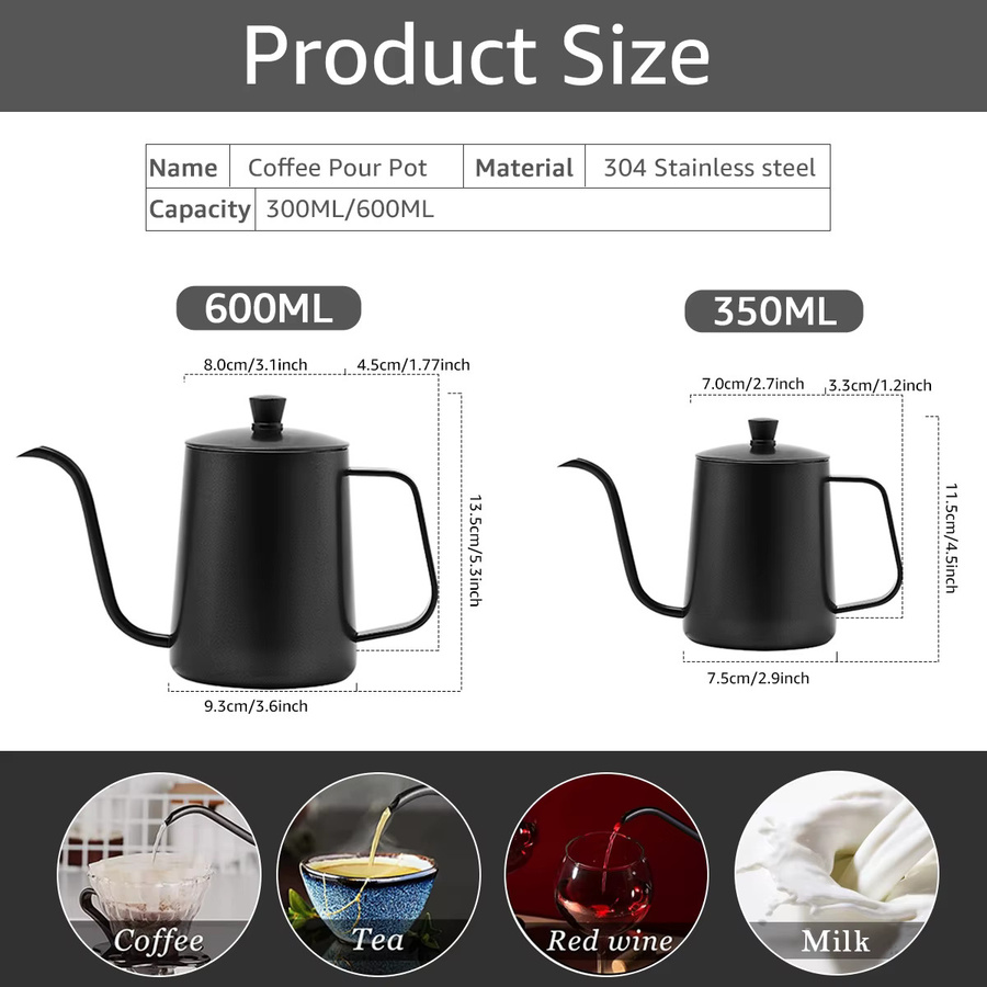 MYVIT Pour-Over Kaffeekessel aus Edelstahl mit Schwanenhals-Ausguss, 350/600 ml, Silber oder Schwarz - Bild 5