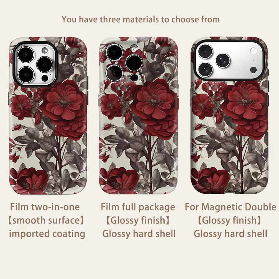 Potdemiel Magnetische Handyhülle mit Blumenmuster in Burgunderrot für iPhone 17 16 15 14 13 Pro Max Plus, Robuste Doppelschicht-Schutzhülle - Bild 2