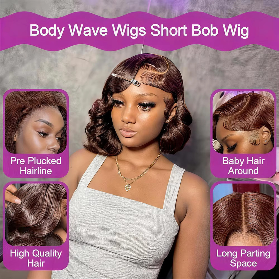 HJ WEAVE BEAUTY Bob-Perücke, 100 % Echthaar, schokoladenbraun, gewellt, Damen - Bild 2