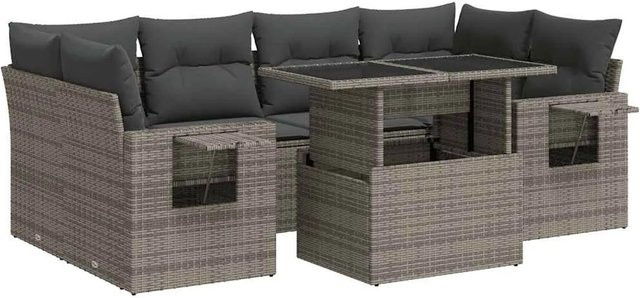 vidaXL 7-teilige Garten-Sofagarnitur in L-Form aus grauem Poly-Rattan mit Kissen und pulverbeschichtetem Stahlgestell - Bild 1