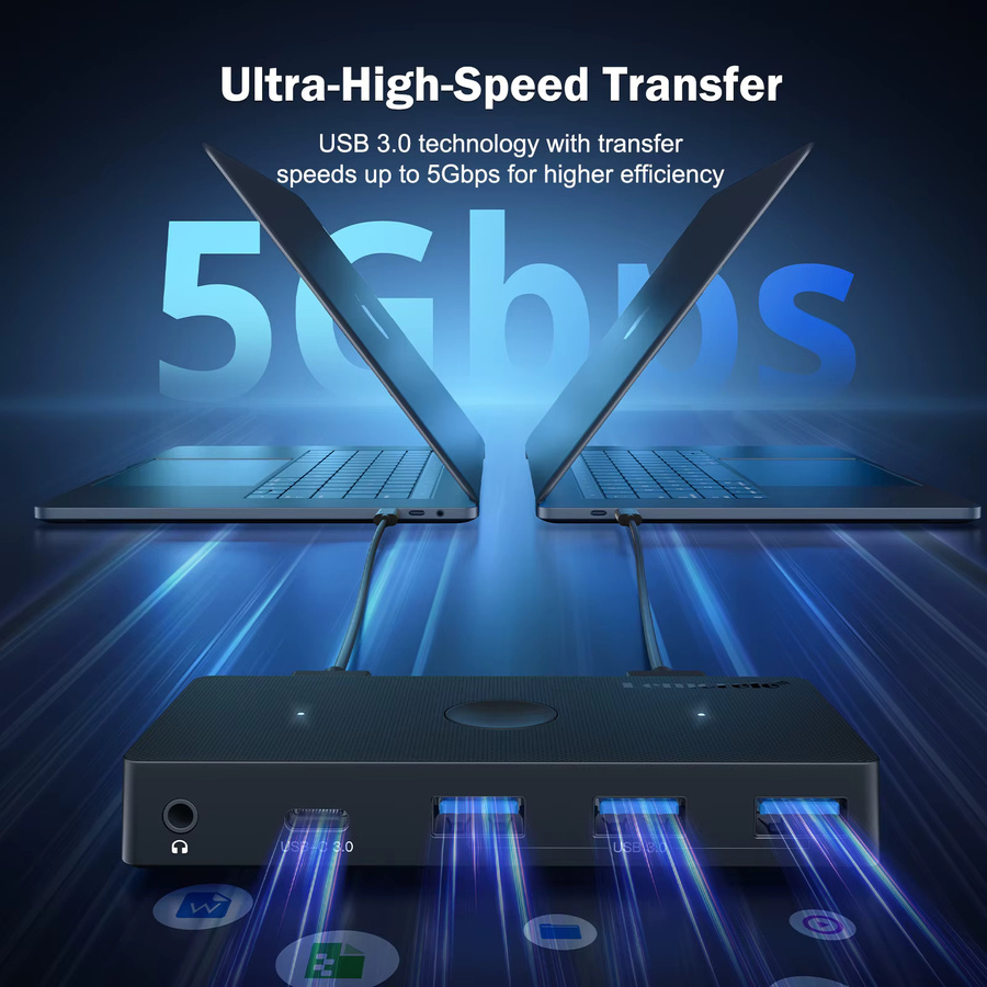 Lemorele USB 3.0 Switch 2 in 5 out Umschalter für Windows Laptop und PC in Schwarz zur Steuerung von Tastatur, Maus und Drucker für 2 PCs und 3 Geräte - Bild 4