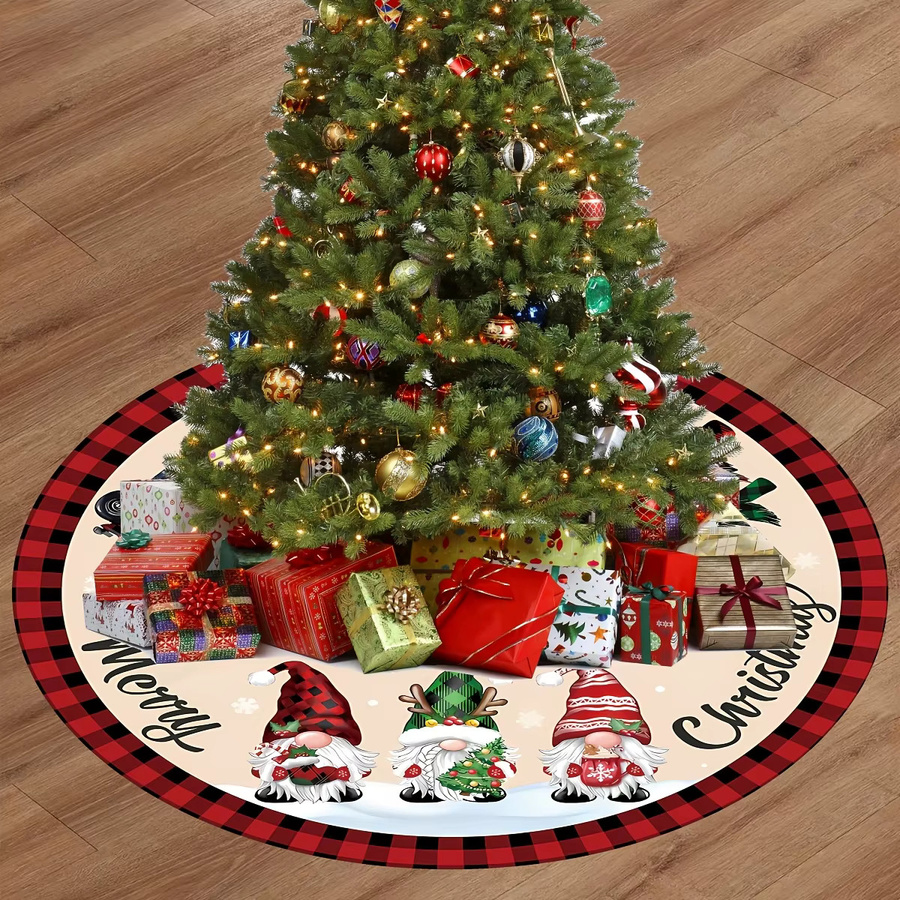 VIKAMA Weihnachtsbaum Rock mit Cartoon Zwerg Design, rot und schwarz kariert, runde Baumfuß Dekoration aus Textil - Bild 1